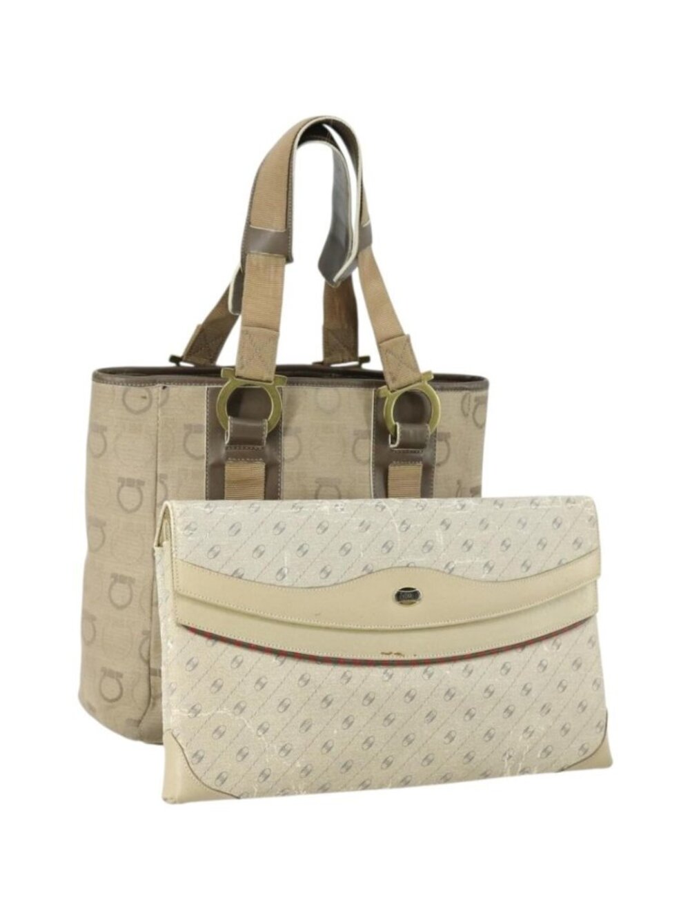 Salvatore Ferragamo Gucci Clutch Hand Bag Canvas PVC 2 Set Beige